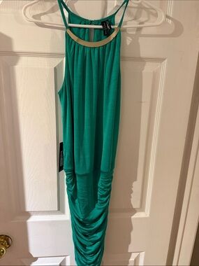 Guess by Marciano Teal Sleeveless Ruched Maxi Dress with Gold Accent
